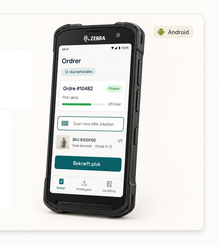 Håndscanner med lager-app til pluk, modtagelse og statusoptælling